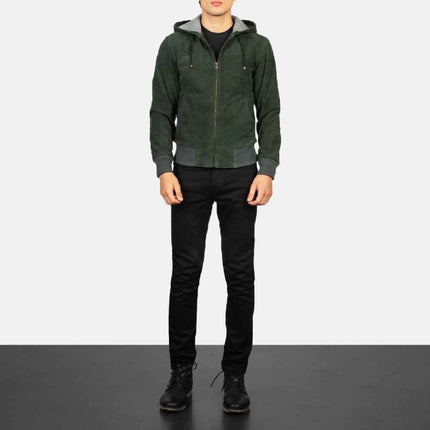 Men Green Hooded Suede Bomber Jacket