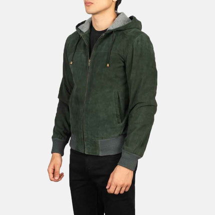 Men Green Hooded Suede Bomber Jacket