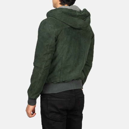 Men Green Hooded Suede Bomber Jacket