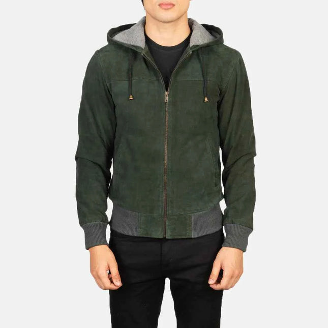Men Green Hooded Suede Bomber Jacket