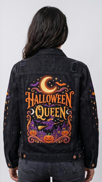 Spooky Halloween Embroidered Denim Jacket for Women