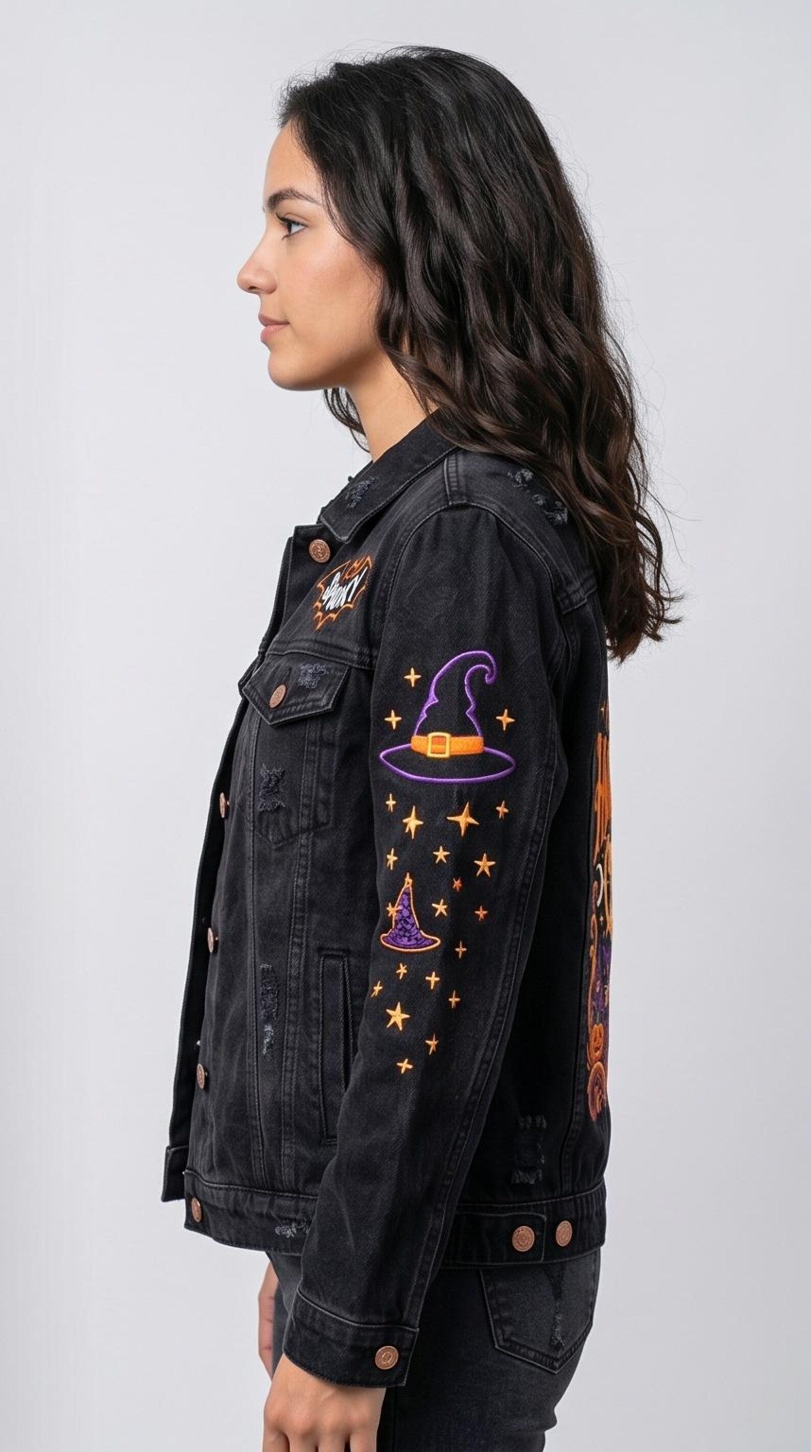 Spooky Halloween Embroidered Denim Jacket for Women