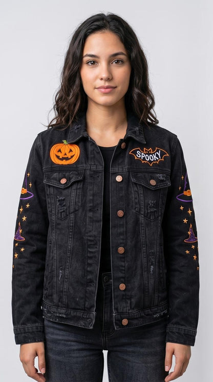 Spooky Halloween Embroidered Denim Jacket for Women