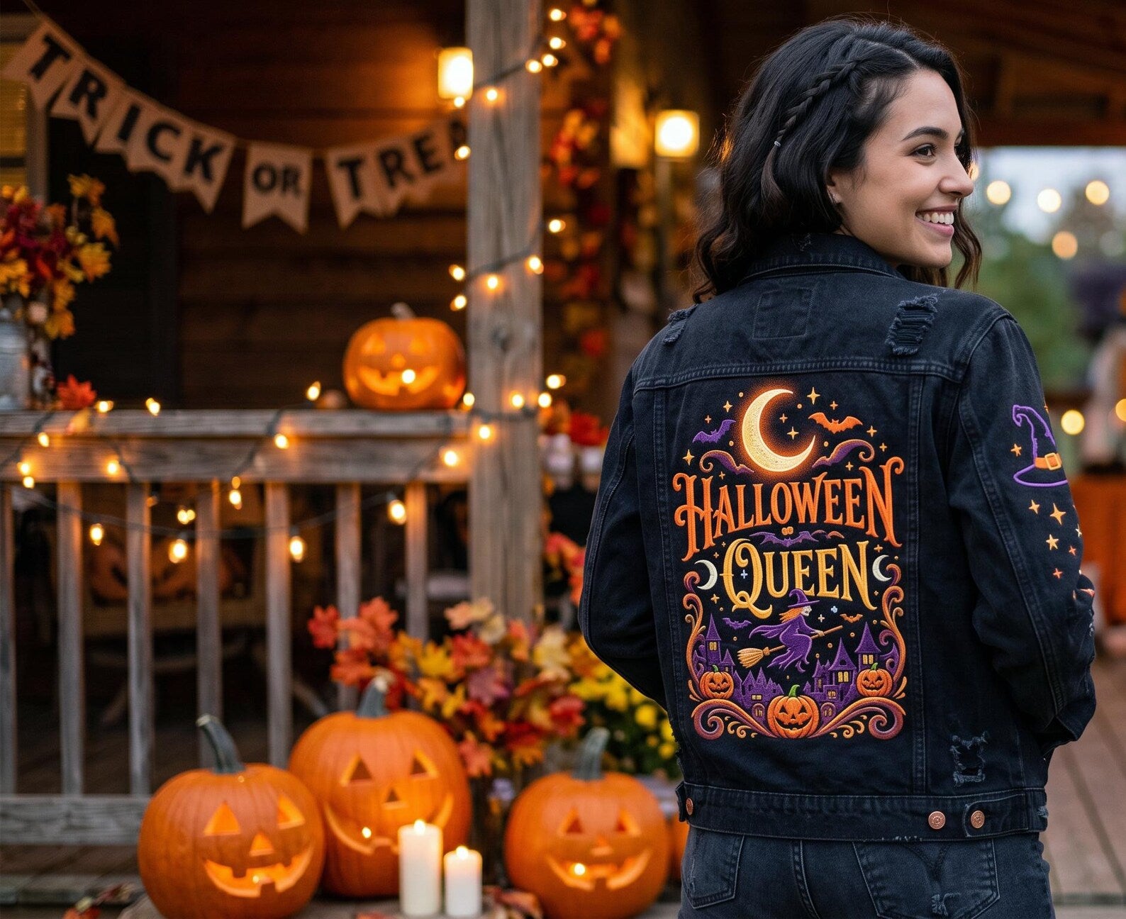 Spooky Halloween Embroidered Denim Jacket for Women