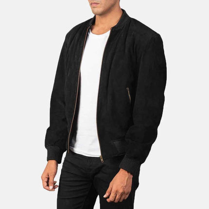 Men Shane Black Suede Bomber Jacket