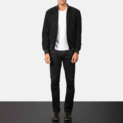 Men Shane Black Suede Bomber Jacket