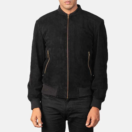 Men Shane Black Suede Bomber Jacket