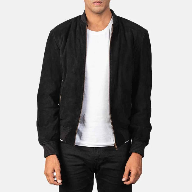 Men Shane Black Suede Bomber Jacket
