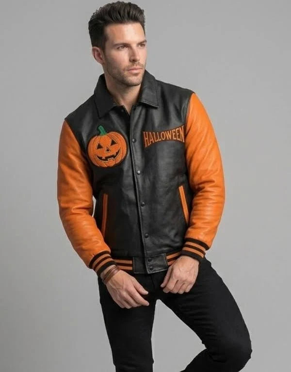 Halloween Pumpkin Varsity Jacket for Men