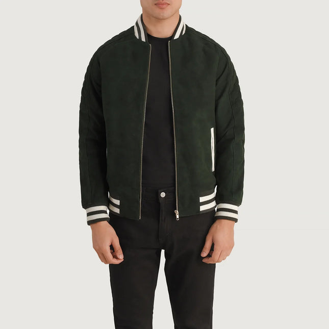 Men Pascal Green Suede Varsity Jacket - Top Celeb Style