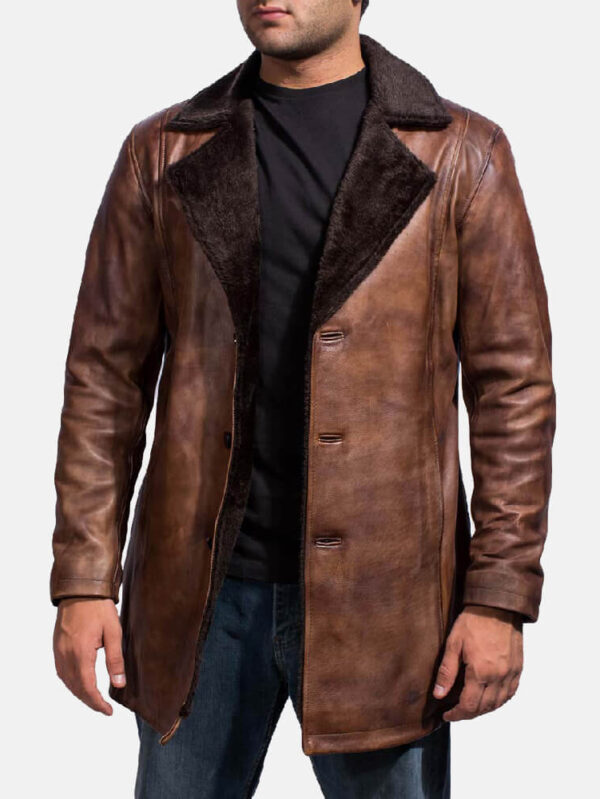 Men's Cinnamon Distressed Leather Fur Coat