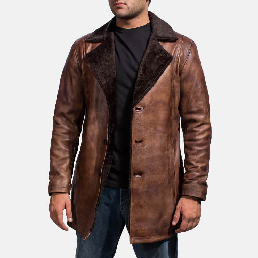 Men's Cinnamon Distressed Leather Fur Coat