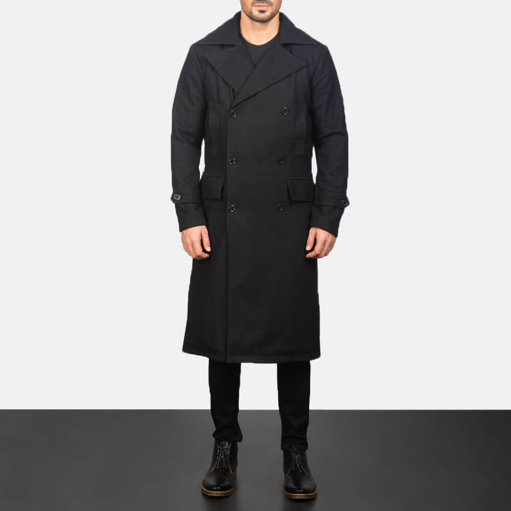 Men's Detective Black Wool Coat