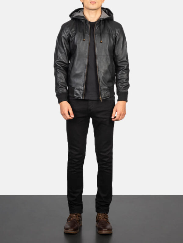 Men's Nintenzo Black Hooded Leather Bomber Jacket