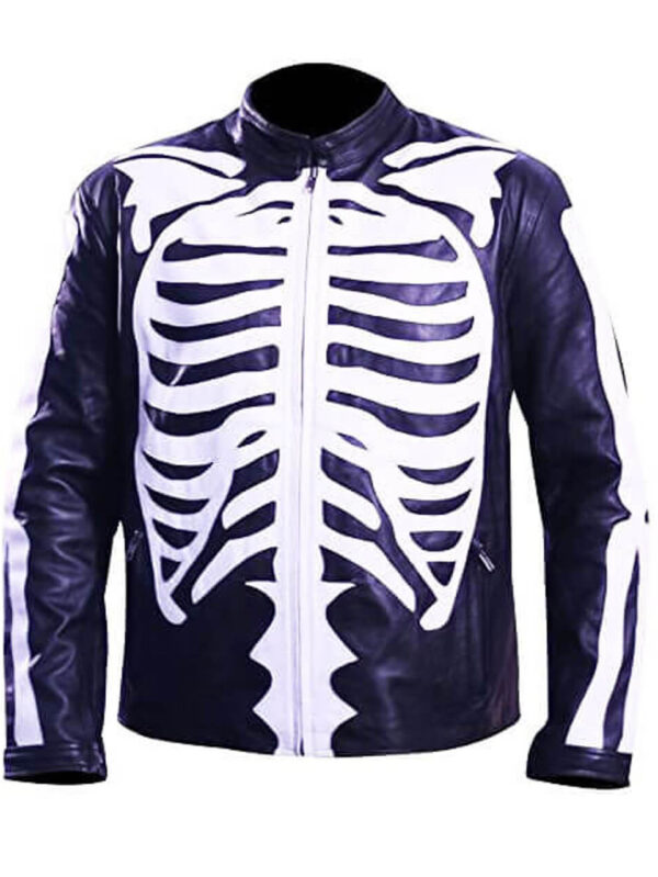 Mens Halloween Skeleton Black Leather Jacket