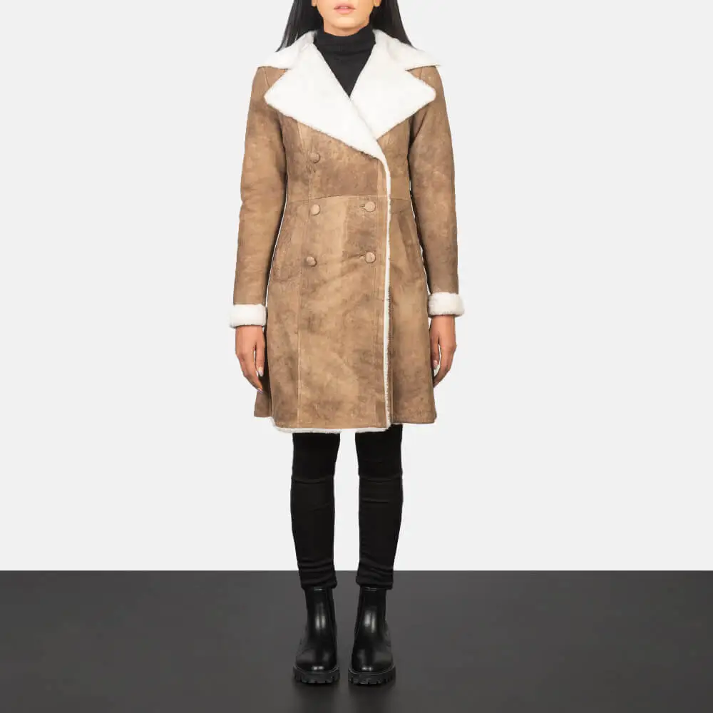 Amie Distressed Brown Double Breasted Shearling Coat