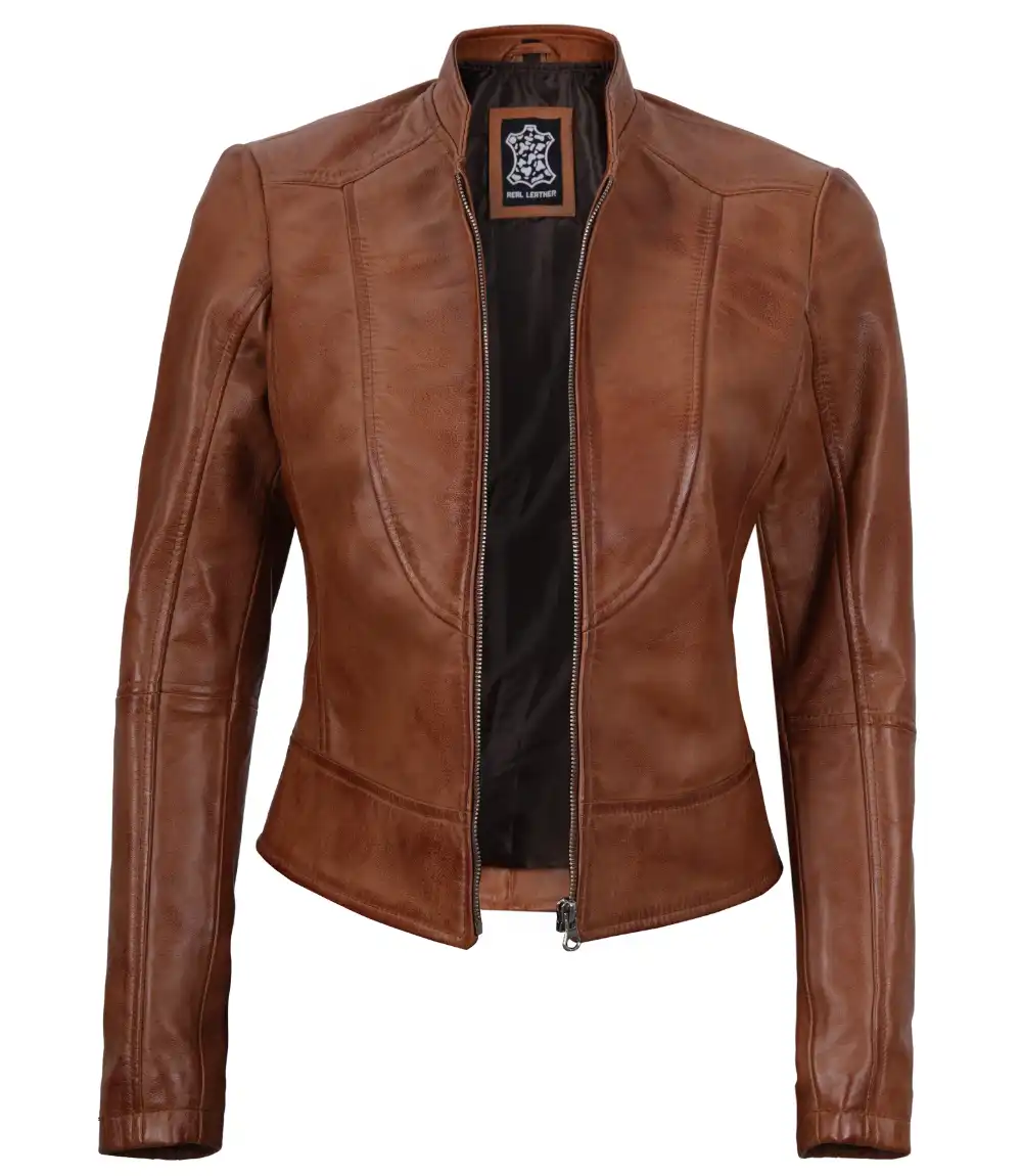 Womens Tan Cafe Racer Leather Jacket