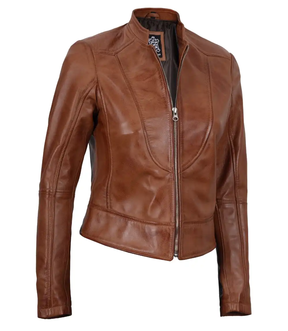 Womens Tan Cafe Racer Leather Jacket