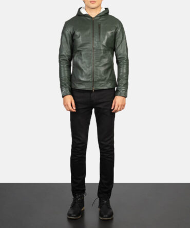 Baston Mens Green Hooded Leather Bomber Jacket