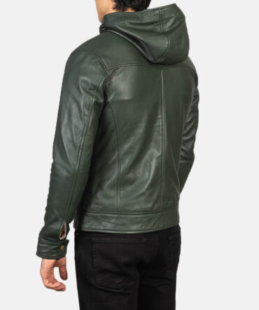 Baston Mens Green Hooded Leather Bomber Jacket